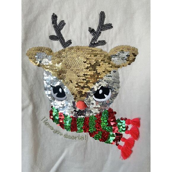 H&M Ivory Flip Sequin Reindeer Tassel Pullover Fleece Sweatshirt Size 8-10Y - Picture 4 of 6